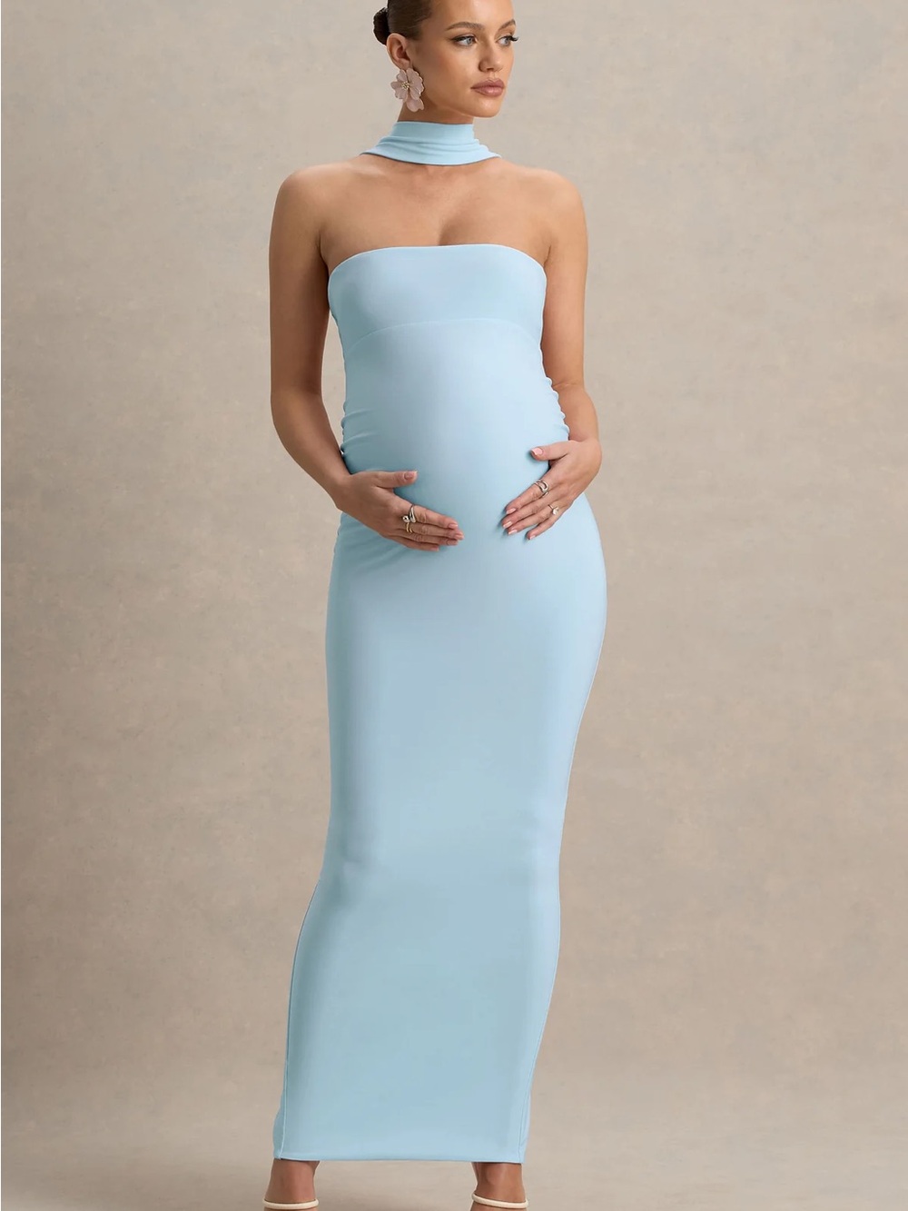 Club L London Strapless Maternity Gown in Light Blue with Neck Band
